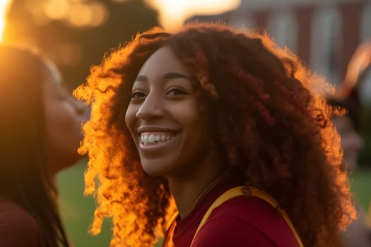 Happy youth students against sunset background. Neural network AI generated art