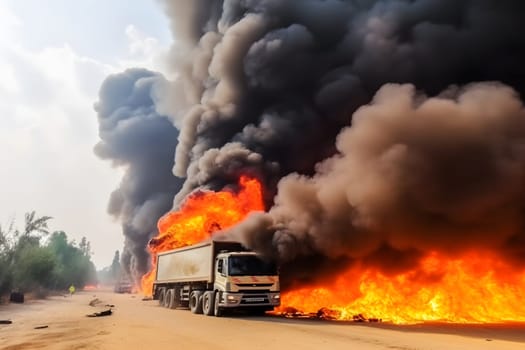 Fuel carrier in flames. Truck burning on the road. Neural network AI generated art