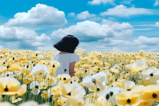 A young girl in a dress walks in a field of yellow flowers. Neural network AI generated art