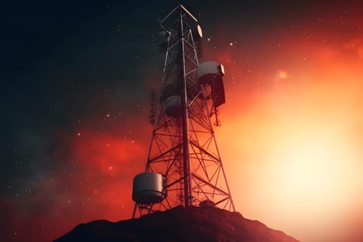 Antenna communication technology with city background. Communication tower connect to data of smart city. Telecommunication 5G. Neural network AI generated art