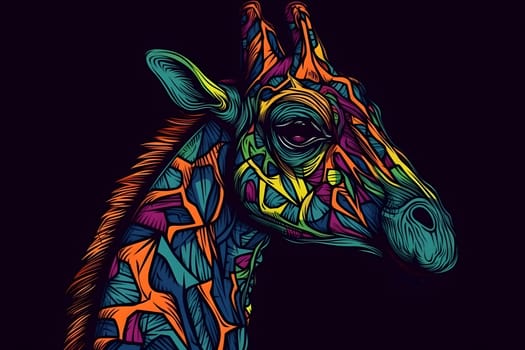 Rainbow art giraffe on a black background. Neural network AI generated art
