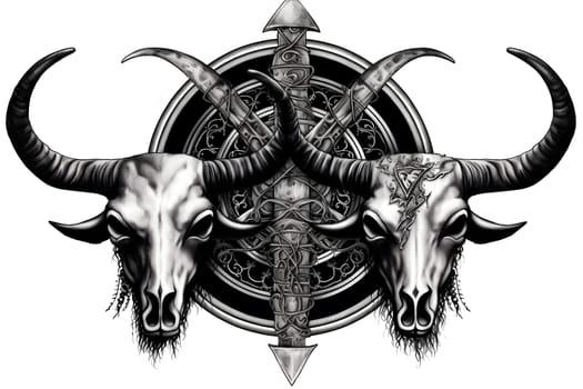 Farm animals portrait. bull ram vintage tattoo sketch. Neural network AI generated art