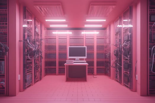 Server room in pink colors. Modern Telecommunications. Neural network AI generated art