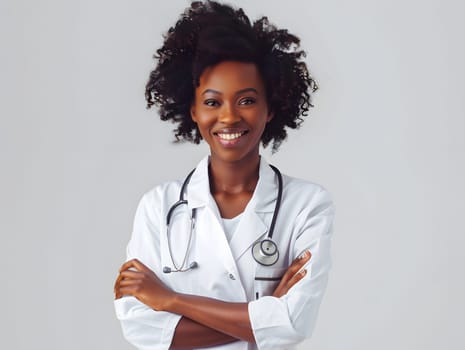 A beautiful Afro-American happy doctor in medical uniform
