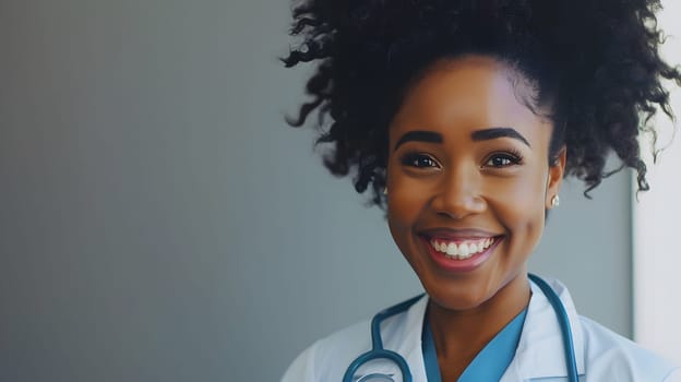 A beautiful Afro-American happy doctor in medical uniform