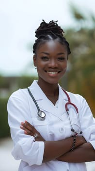 A beautiful Afro-American happy doctor in medical uniform