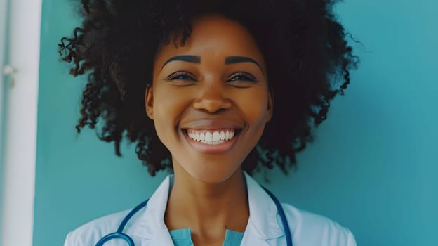 A beautiful Afro-American happy doctor in medical uniform