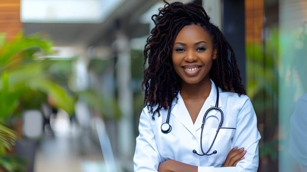 A beautiful Afro-American happy doctor in medical uniform
