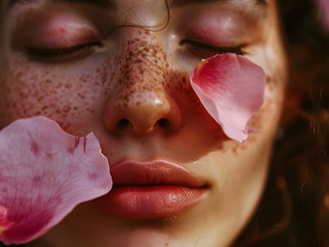A close-up of a woman's face with closed eyes adorned with rose petals