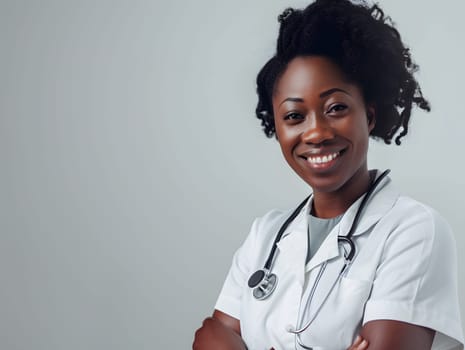 A beautiful Afro-American happy doctor in medical uniform