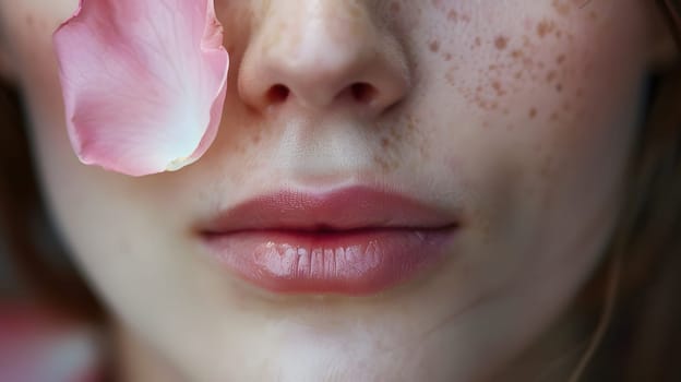 A close-up of a woman's face with closed eyes adorned with rose petals