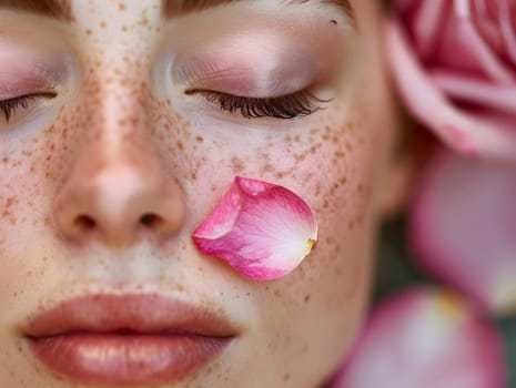 A close-up of a woman's face with closed eyes adorned with rose petals