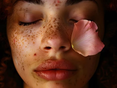 A close-up of a woman's face with closed eyes adorned with rose petals