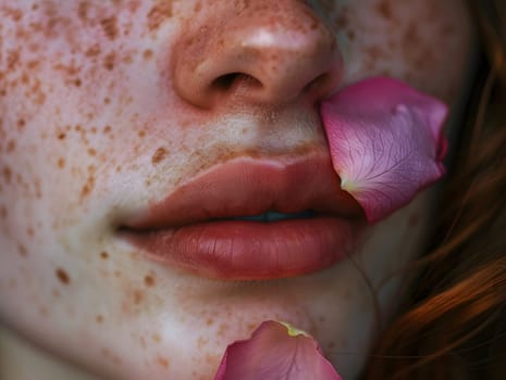 A close-up of a woman's face with closed eyes adorned with rose petals
