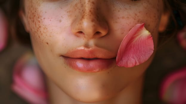 A close-up of a woman's face with closed eyes adorned with rose petals