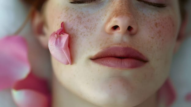 A close-up of a woman's face with closed eyes adorned with rose petals