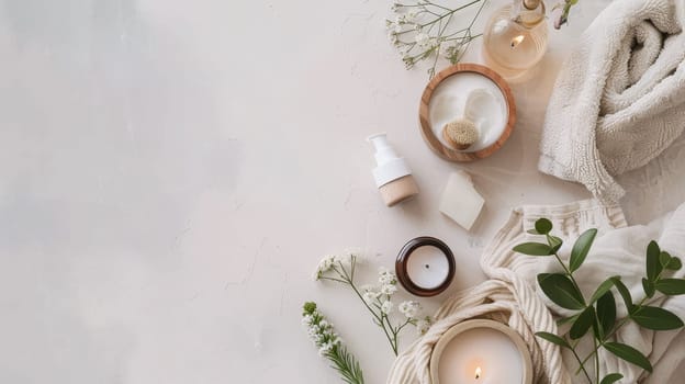 Serene arrangement of self-care essentials with unobstructed copy space
