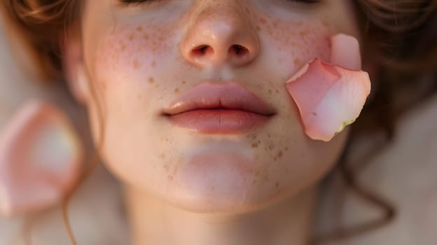 A close-up of a woman's face with closed eyes adorned with rose petals