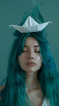 A woman with long teal hair floating with an origami boat