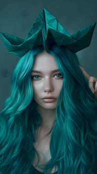 A woman with long teal hair floating with an origami boat