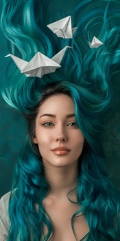 A woman with long teal hair floating with an origami boat
