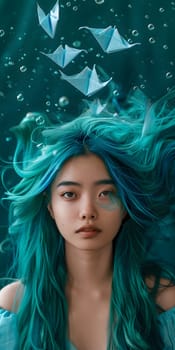 A woman with long teal hair floating with an origami boat