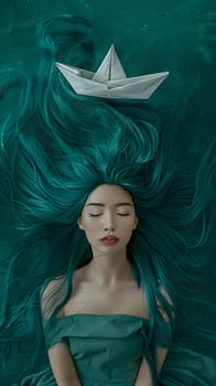 A woman with long teal hair floating with an origami boat