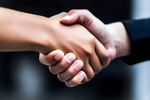 Business people in office suits standing and shaking hands, close-up. Business communication concept. Neural network AI generated art