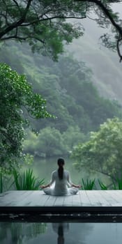 Simple and elegant scene of an ageless woman practicing mindfulness in a minimalist outdoor setting.