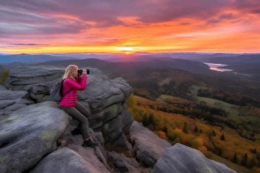 Young woman in the mountains taking pictures of the sunset. Neural network AI generated art