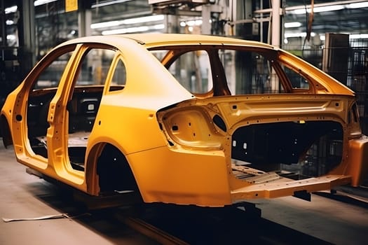 Car bodies are on Assembly line. Factory for production of cars. Neural network AI generated art