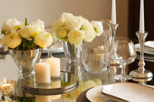 Beautiful flowers on table in wedding day. Neural network AI generated art