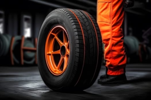 Car tire service and hands of mechanic holding new tyre. Neural network AI generated art