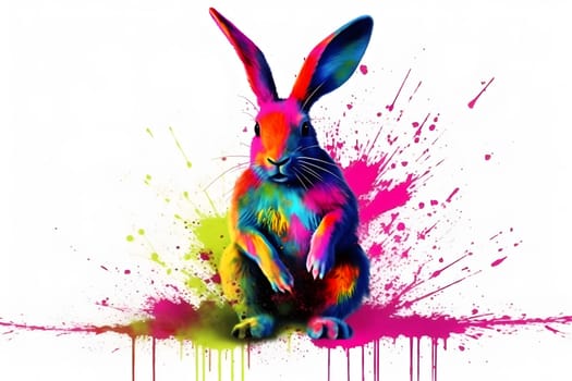 Rainbow watercolor hare on a white background. Neural network AI generated art
