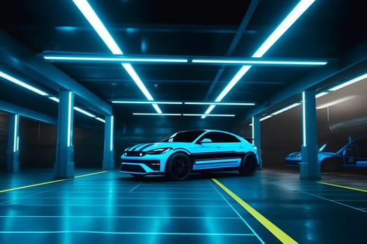Neon Lights Grunge Sci Fi garage with car. Neural network AI generated art