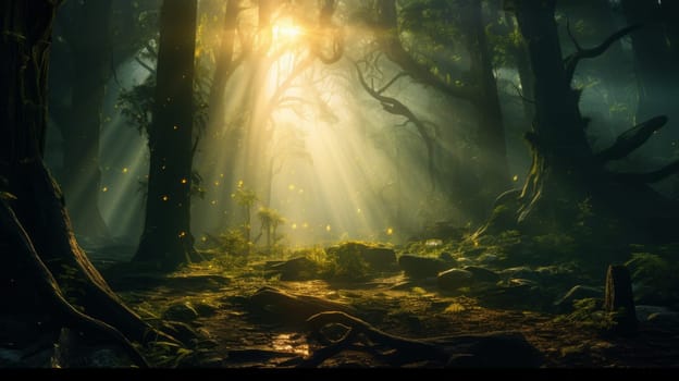Landscape of sun rays in the forest. Neural network AI generated art