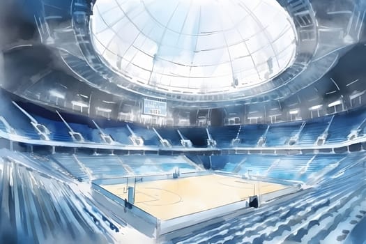 Basketball stadium watercolor illustration. Neural network AI generated art