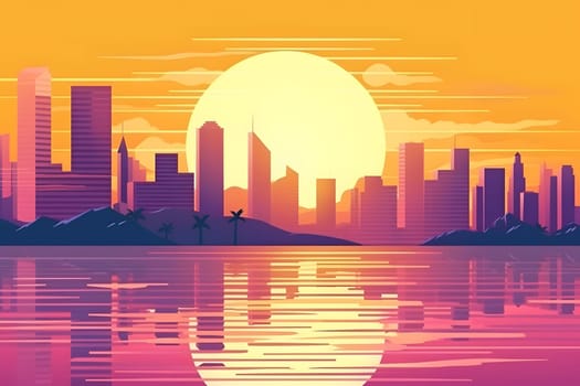Retro wave city background. Neon night landscape with a futuristic city in the style and aesthetics of the 80s and 90s. Synthwave, cyberpunk. Neural network AI generated art