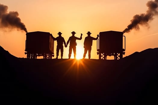 Silhouettes of workers in the mine. Neural network AI generated art