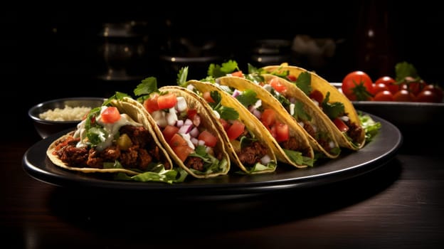 American Soft Shell Beef Tacos with Lettuce Tomato Cheese. Neural network AI generated art