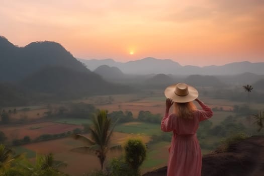 Woman photographer with big backpack taking photo of mountains and blue lake. Travel and hobby concept. Neural network AI generated art