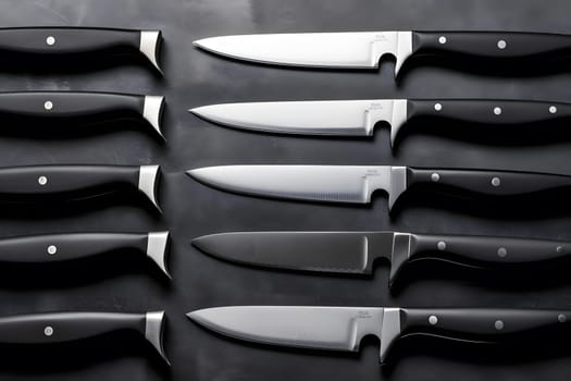 set of kitchen knives on a wooden table. Neural network AI generated art