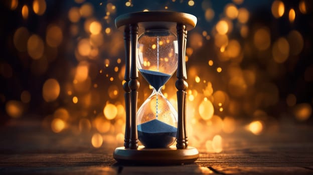 Sand running through the bulbs of an hourglass measuring the passing time in a countdown to a deadline, on a dark background. Neural network AI generated art