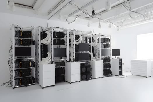 Lots of tangled wires in a white computer room. Neural network AI generated art