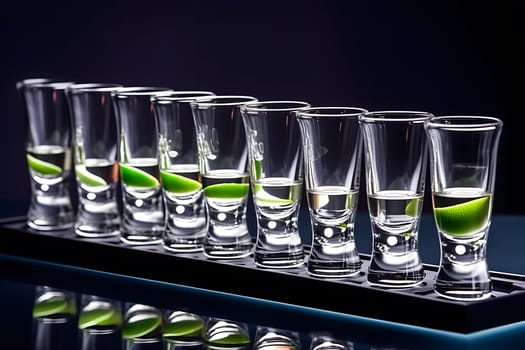 Shot glasses with tequila on bar counter. Neural network AI generated art