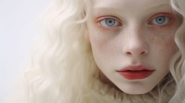 Albino girl with white skin, natural lips and white hair. Neural network AI generated art