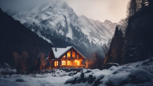 Cozy wooden house in the mountains in winter. Neural network AI generated art