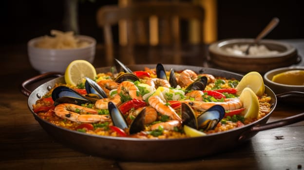 Typical spanish seafood paella in traditional pan. Neural network AI generated art