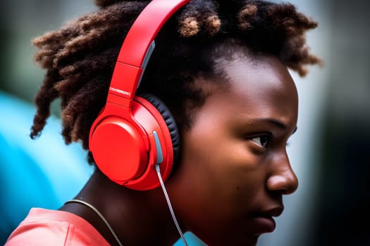 African woman listening to music on headphones. Neural network AI generated art