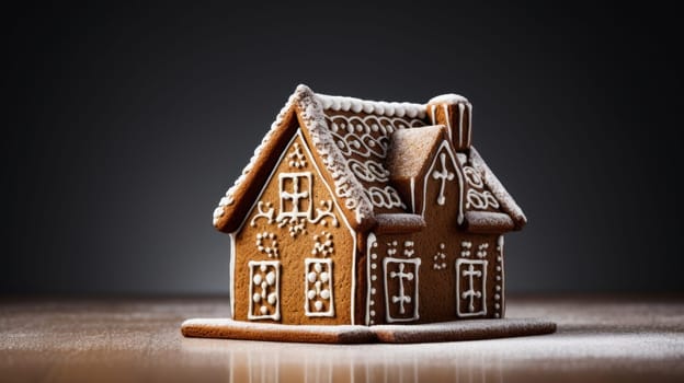 Gingerbread house sprinkled with icing sugar like snow. The spirit of Christmas. Neural network AI generated art